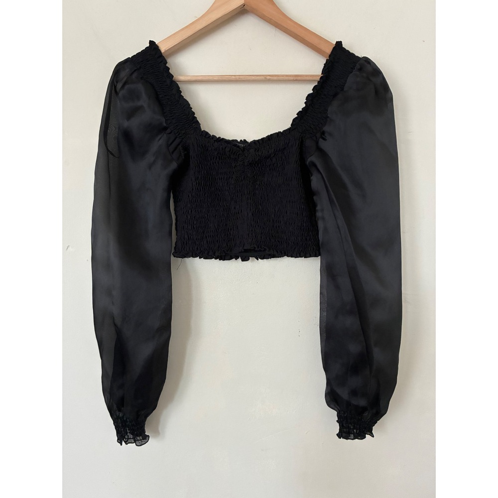 F21 Black Smocked Puff Sleeve Crop Top Square Neck Sheer Long Sleeve M Neutral